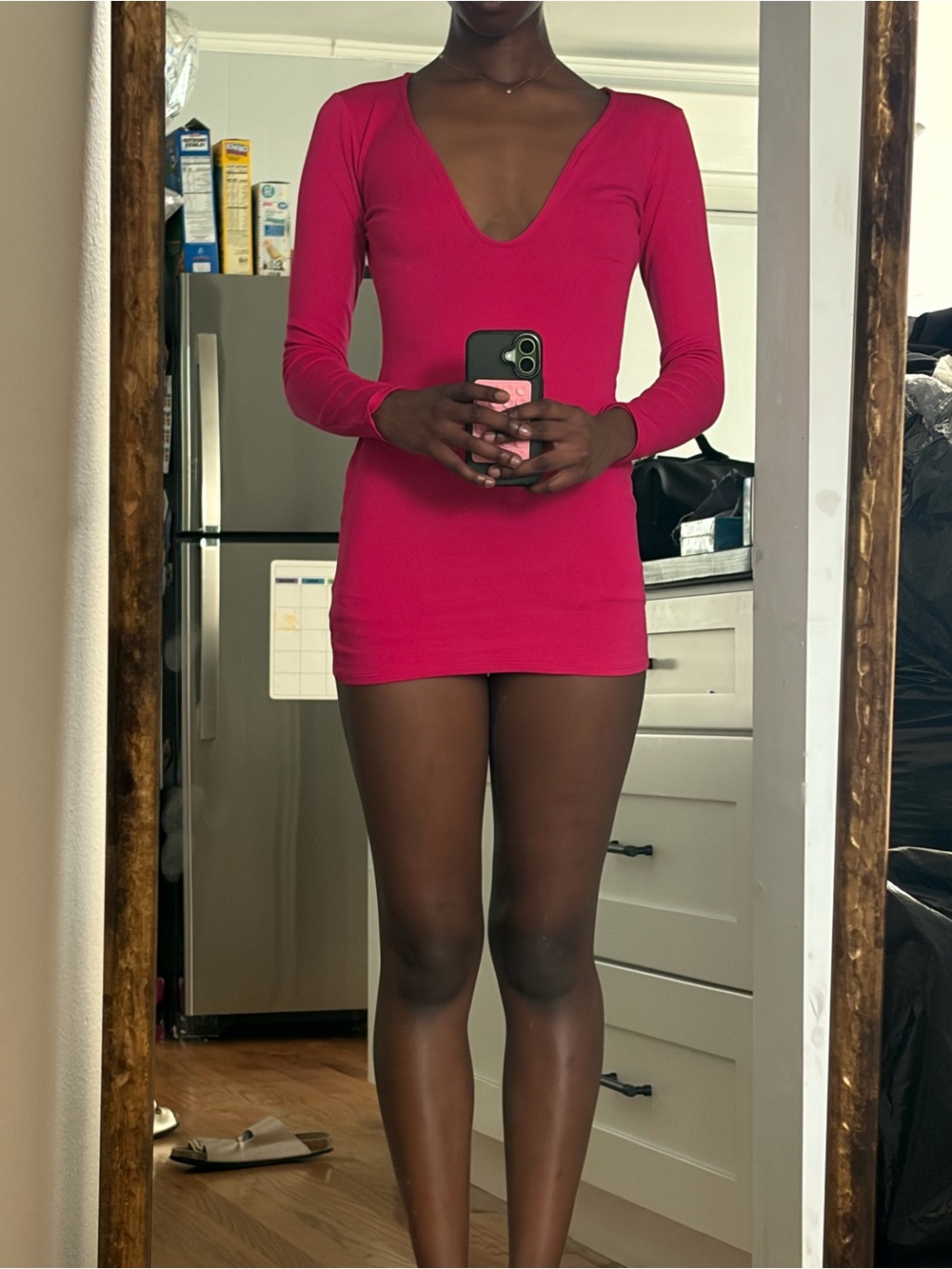 Hot Pink Deep V Long Sleeve Bodycon Mini Dress